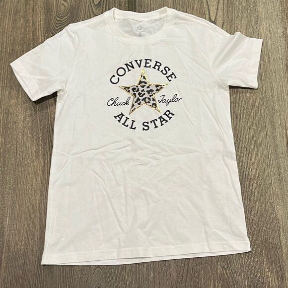 NWOT Converse Leopard Chuck Taylor Patch T-Shirt Slim Fit Crewneck White Small - Picture 1 of 5